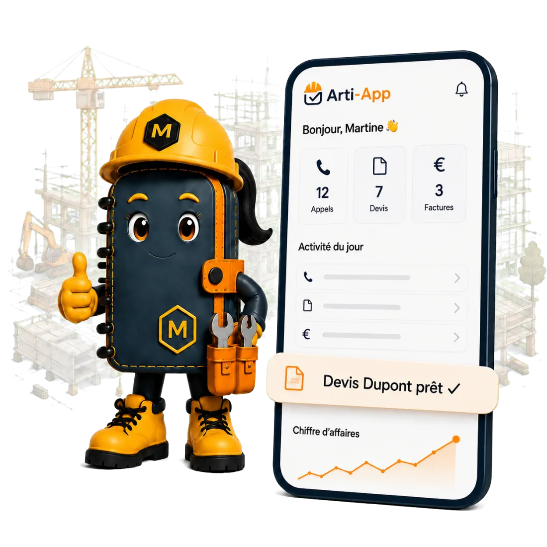 Martine et l’application mobile Arti-App, sur fond de chantier